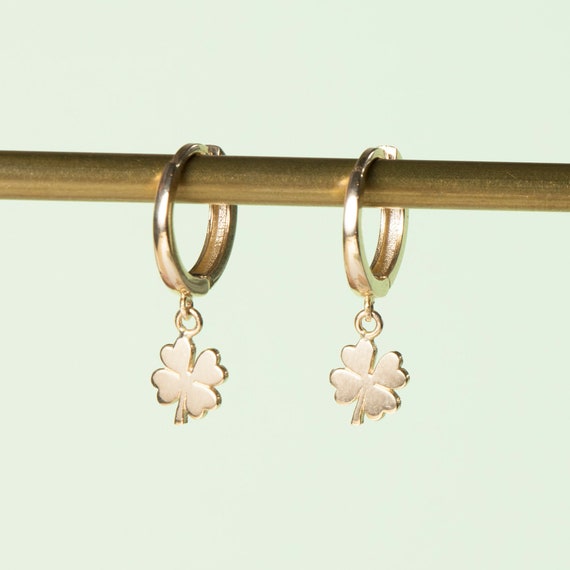 14k Solid Gold Clover Huggie Hoop Earrings - Dainty Four Leaf Charm for Luck and Style