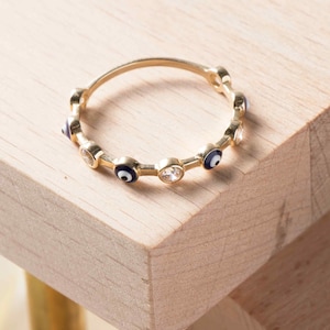 14K Solid Gold Evil Eye Ring: Dainty Stacking Ring, Protection Jewelry