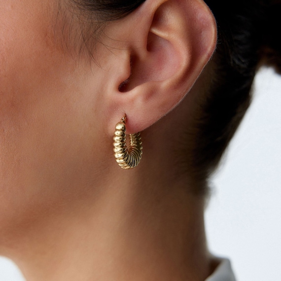 14k Solid Gold Statement Croissant Hoop Earrings - Chunky Twisted Design for Elegant Everyday Wear