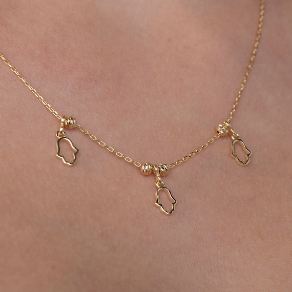 Waterproof Gold Filled Hamsa Hand of Fatima Necklace - Dainty Evil Eye Protection Charm Pendant
