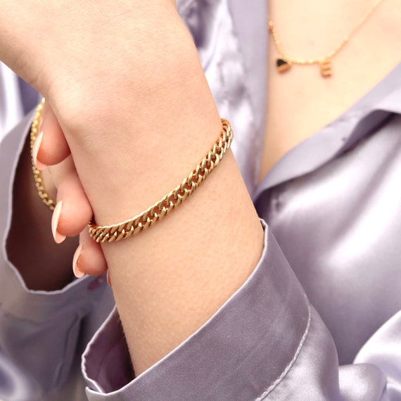 14K Gold Chain Bracelet, Cuban Link Bracelet, Chunky Gold Bracelet, Curb Chain