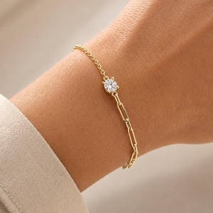 Delicate Diamond Charm Bracelet: Minimalist Gold Paperclip & Cable Chain Stacking Jewelry