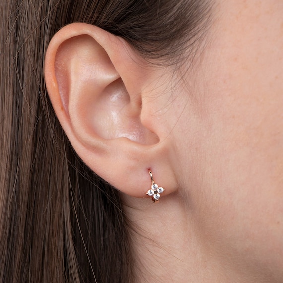 Delicate CZ Flower Huggie Hoop Earrings: Minimalist Gold Jewelry for Women, Dainty Everyday Accessories