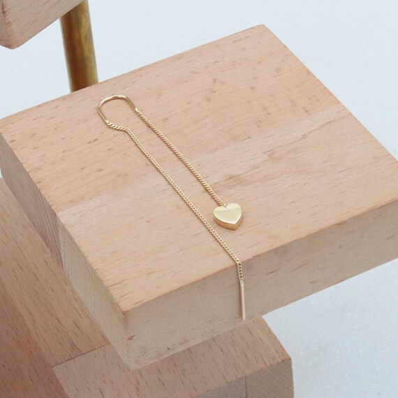 Elegant 14k Gold Heart Threader Earrings with Cuff - Dainty Minimalist Solid Chain Jewelry for Women