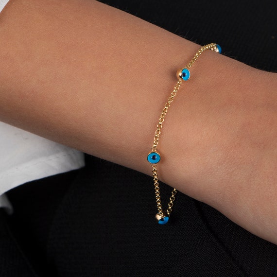 Blue Eye Chain Bracelet, Dainty Gold Nazar Chain Bracelet, Waterproof