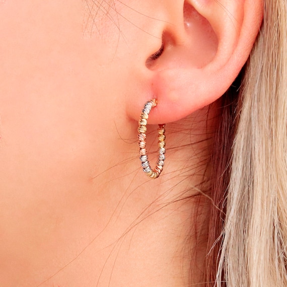 14k Gold Tricolor Beaded Huggie Hoop Earrings - Dainty Ball Hoops for Everyday Elegance
