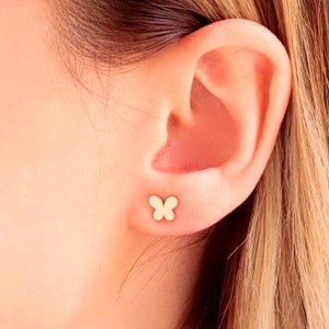 Delicate 14k Gold Butterfly Stud Earrings - Minimalist Tiny Animal Design for Second Piercing