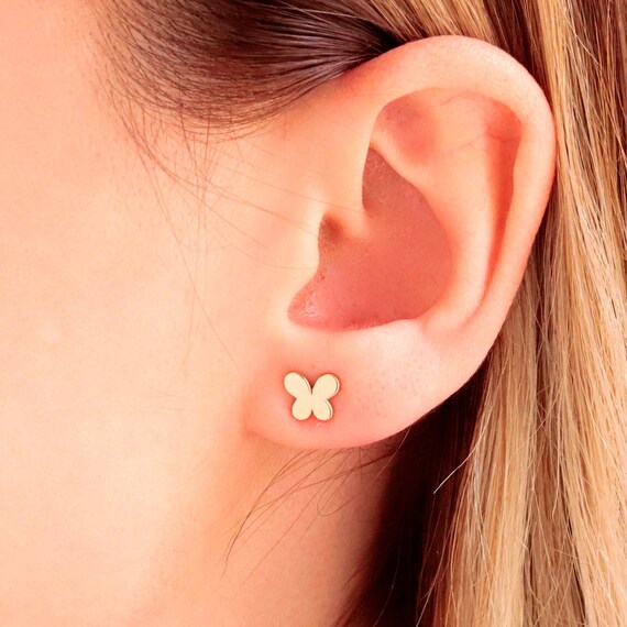 Delicate 14k Gold Butterfly Stud Earrings - Minimalist Tiny Animal Design for Second Piercing