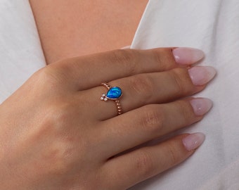 Blue Opal Ring, Blue Opal Gold Ring, Teardrop Ring, Opal Jewelry