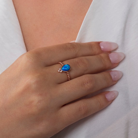 Blue Opal Ring, Blue Opal Gold Ring, Teardrop Ring, Opal Jewelry