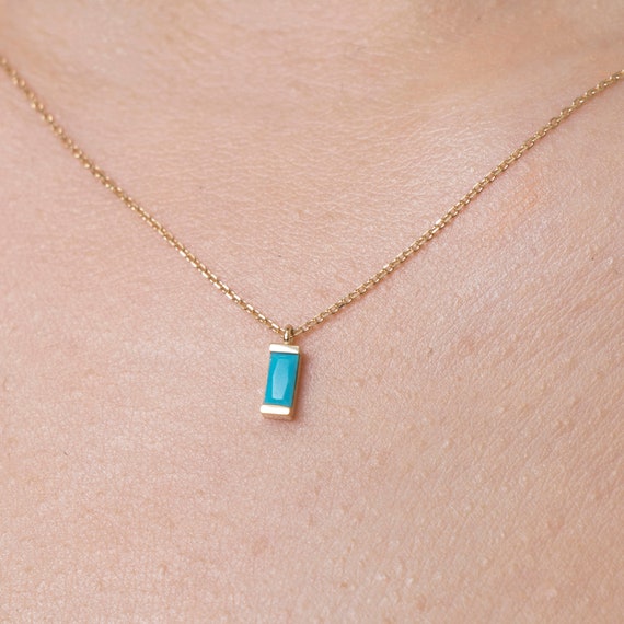 14K Gold Turquoise Necklace, Solid Gold Genuine Turquoise Necklace, Gemstone Necklace, Gold Turquoise Pendant, Birthstone Necklace