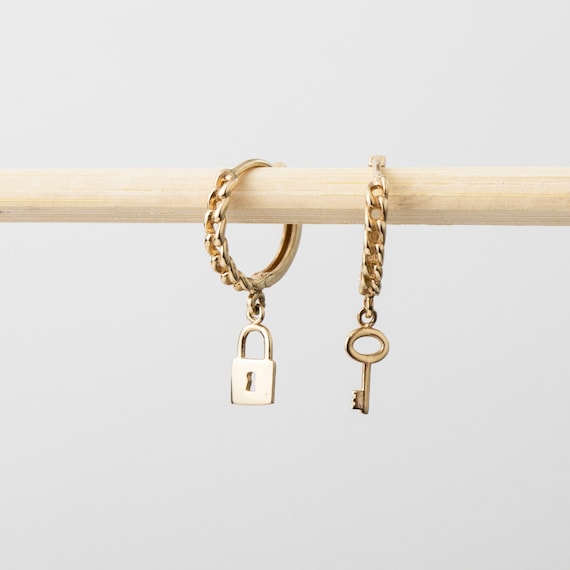 14k Solid Gold Huggie Hoop Earrings with Key and Lock Charms - Dainty Jewelry Gift for Her