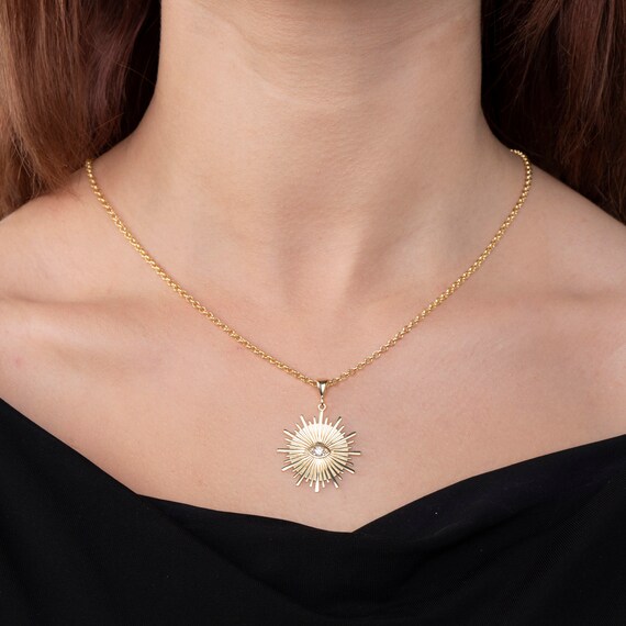 Sun Necklace, Sunburst Necklace, Evil Eye Necklace, Large Sun Medallion, Gift for Her, Gold Statement Necklace