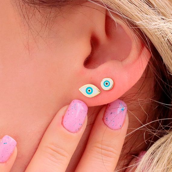 Dainty Evil Eye Stud Earrings: Enamel Protection Jewelry, Round & Oval Shapes, Unique Gift for Her