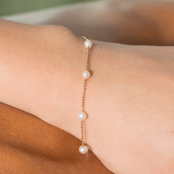 14K Gold Pearl Bracelet, Pearl Beaded Bracelet, Bridesmaid Bracelet, Solid Gold Bracelet, Dainty Gold Bracelet, Freshwater Pearl Bracelet