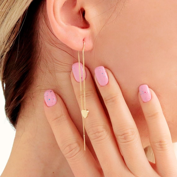 Elegant 14k Gold Heart Threader Earrings with Cuff - Dainty Minimalist Solid Chain Jewelry for Women