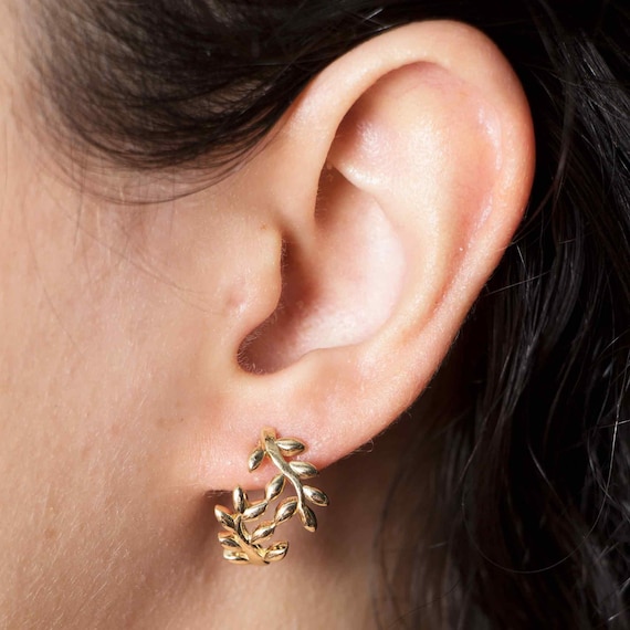 14K Dainty Gold Earrings, Gold Leaf Earrings, Solid Gold Branch Earrings, Solid Gold Hoop Earrings, Birthday Gift