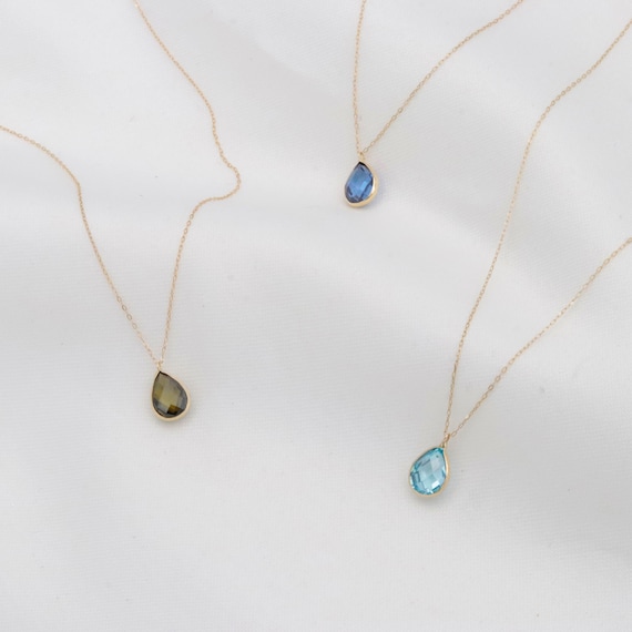 Elegant 14k Gold Blue Topaz & Quartz Gemstone Pendant Necklace - Birthstone Jewelry