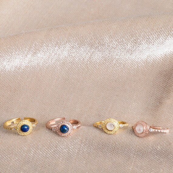 Adjustable Moonstone & Lapis Lazuli Ring - Sterling Silver, Gold Vermeil, Birthstone Gemstone Jewelry