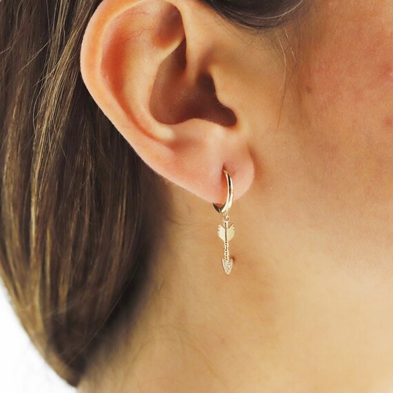 14K Gold Huggie Hoop Earrings, Hoops With Arrow Charm, Huggie Earrings, Solid Gold Earrings