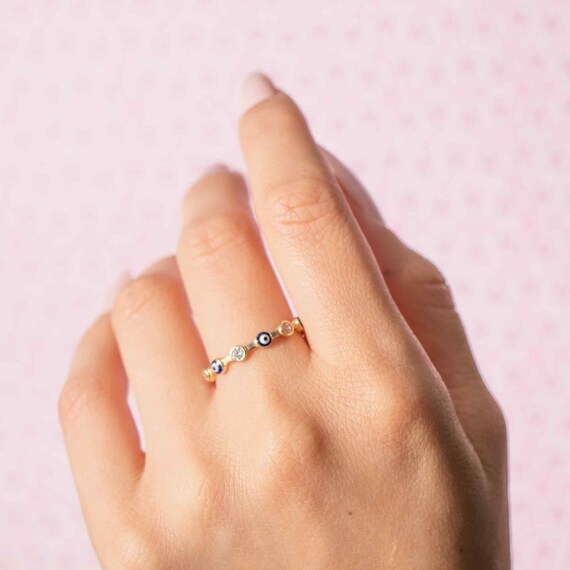 14K Gold Evil Eye Ring, Gold Stacking Ring, Dainty Gold Ring, Solid Gold Eye Ring, 14K Evil Eye Ring, Protection Ring, Gift For Her