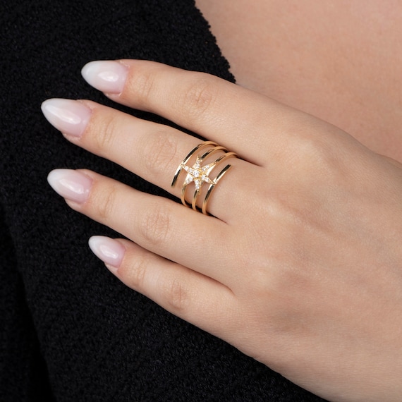 Celestial North Star Wrap Ring - Dainty Triple Band Starburst Knuckle Jewelry in Gold or Silver