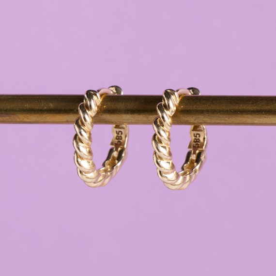 14k Dainty Gold Twisted Hoop Earrings - Elegant Braided Huggie Hoops for Everyday Wear