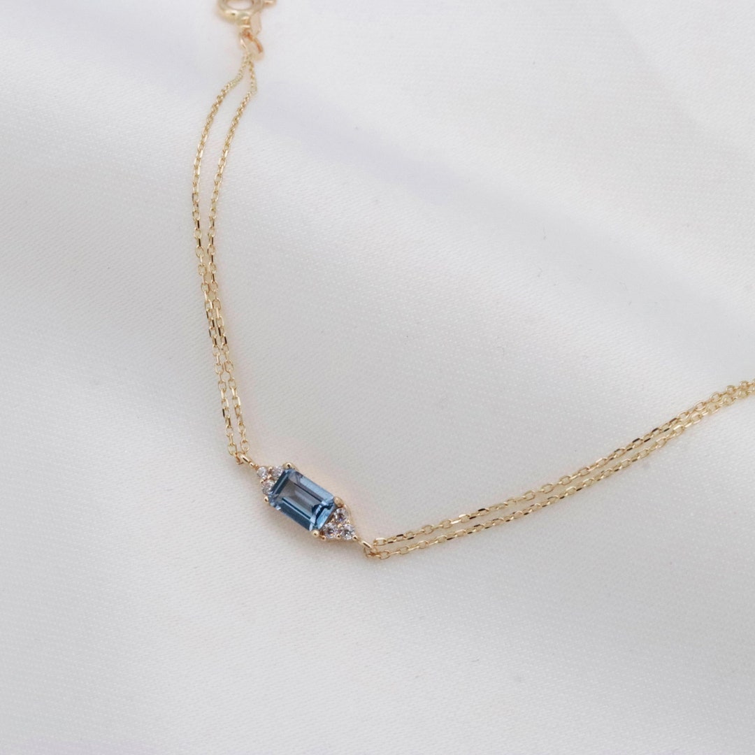 14K Gold Aquamarine Bracelet, Gemstone Bracelet, Dainty Gold Bracelet