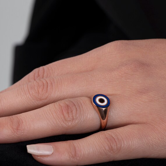 Elegant Adjustable Evil Eye Signet Ring - Dainty Enamel Protection Jewelry in Gold, Rose Gold, or Silver