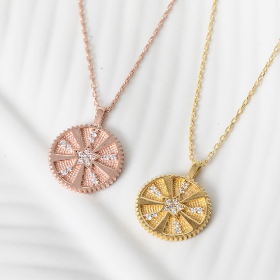 Delicate Celestial Rose Gold Necklace: Sun & Star Medallion Pendant - Dainty Everyday Jewelry Gift