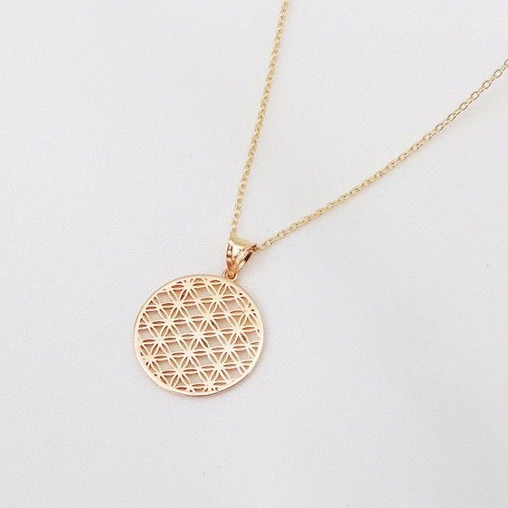 14K Gold Flower of Life Necklace, Protection Necklace, Dainty Gold Necklace, Medallion Necklace