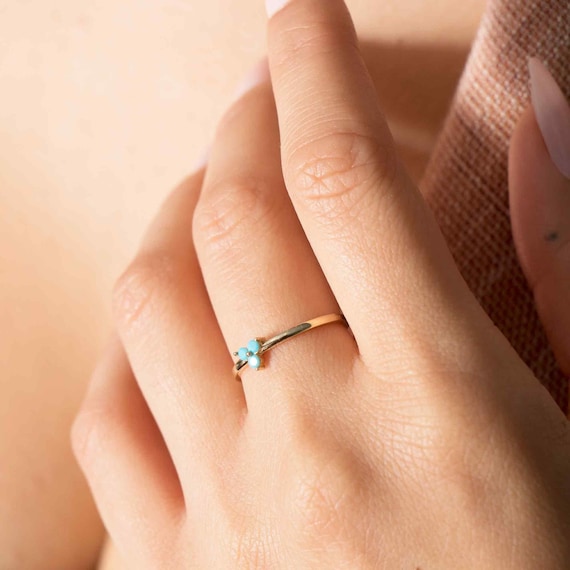 Delicate 14k Gold Turquoise Three Stone Ring - Minimalist Dainty Gemstone Jewelry for Women