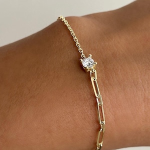 Delicate Diamond Charm Bracelet: Minimalist Gold Paperclip & Cable Chain Stacking Jewelry