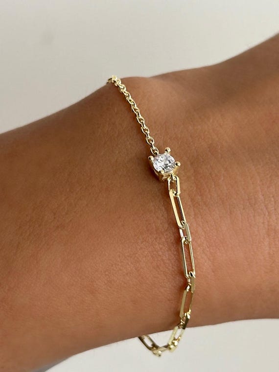 Delicate Diamond Charm Bracelet: Minimalist Gold Paperclip & Cable Chain Stacking Jewelry