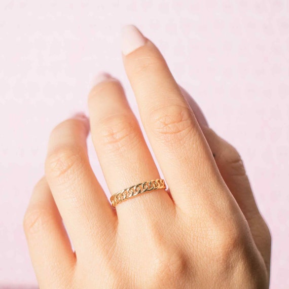 14K Gold Chain Ring, Dainty Gold Ring, 14K Solid Gold Stacking Ring, Birthday Gift
