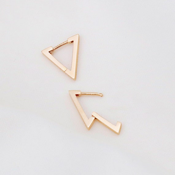 Minimalist 14k Gold Triangle Hoop Earrings - Dainty Modern Geometric Huggies for Second Piercing