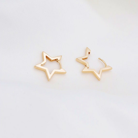 14k Gold Celestial Star Huggie Hoops: Minimalist Dainty Geometric Jewelry for Second Hole Piercing