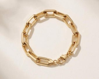 14k Solid Gold Paperclip Bracelet - Chunky Link Chain