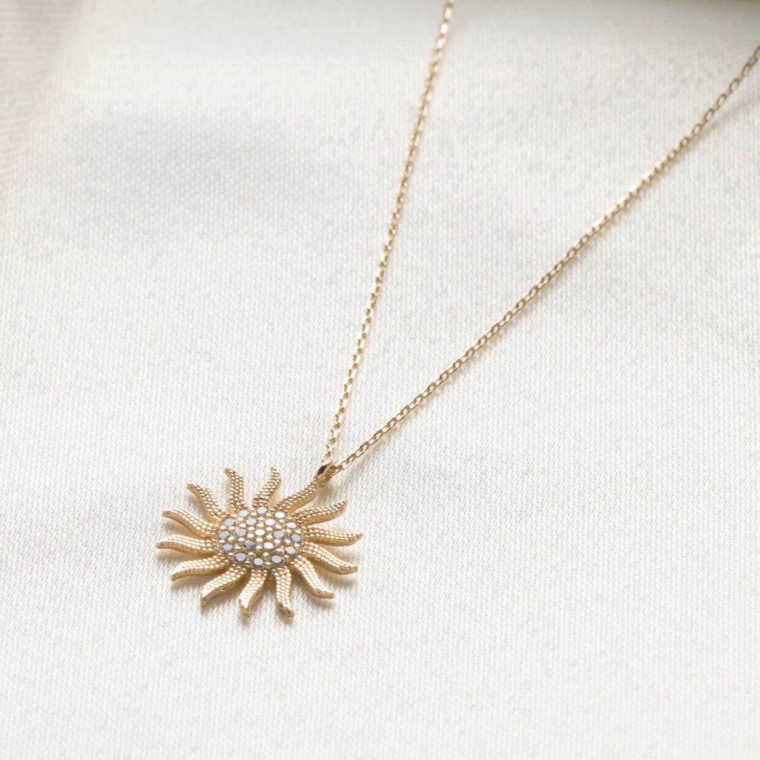 14K Gold Sun Necklace Solid Gold Sun Pendant Sunshine Etsy