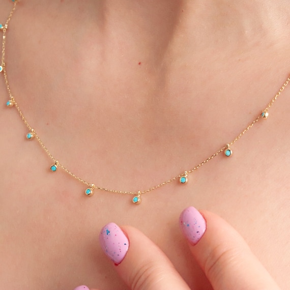 14K Gold Turquoise Necklace, Station Necklace, Gold Gemstone Necklace, Birthstone Necklace, Turquoise Choker
