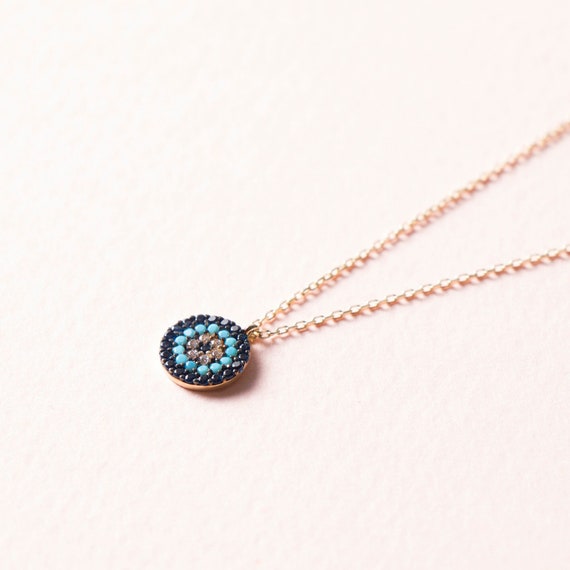 14K Gold Evil Eye Necklace, Solid Gold Evil Eye Necklace, Turquoise Eye Necklace, Protection Necklace, Minimalist Necklace