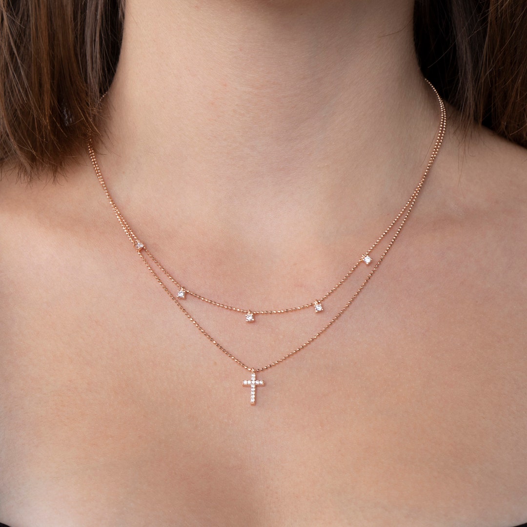 Double Chain Cross Necklace, Ball Chain Cross Necklace With CZ, Cross