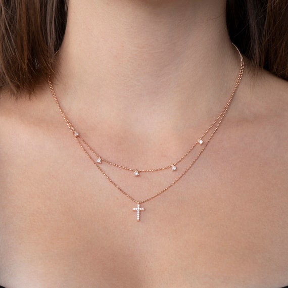 Double Chain Cross Necklace, Ball Chain Cross Necklace With CZ, Cross Choker Necklace, Vermeil Necklace, Gift For Her