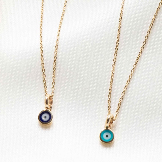 14k Solid Gold Minimalist Evil Eye Protection Charm Necklace - Tiny Pendant for Bridesmaids