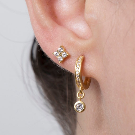 Gold Hoop Earrings, Huggie Hoop Earrings, CZ Hoop Earrings, Dainty Rose Gold Earrings, Minimalist Earrings, Second Hole Earrings