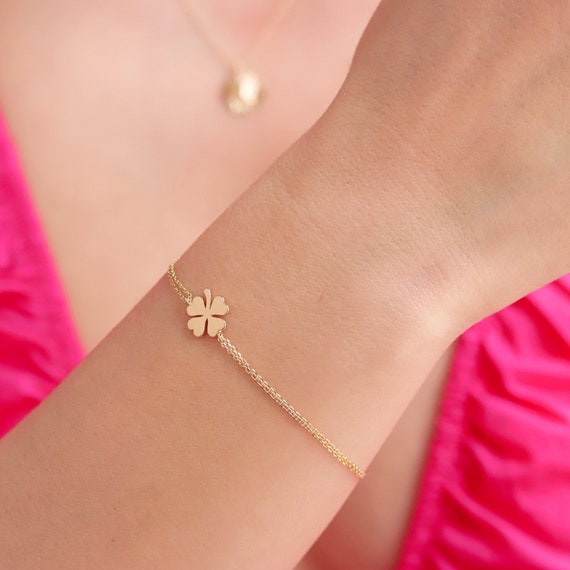 Delicate 14k Gold Four Leaf Clover Bracelet - Minimalist Lucky Charm Jewelry for Women