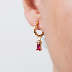 Personalized Birthstone Huggie Hoop Earrings: Dangle Ear Jackets with Gemstones in Rose Gold