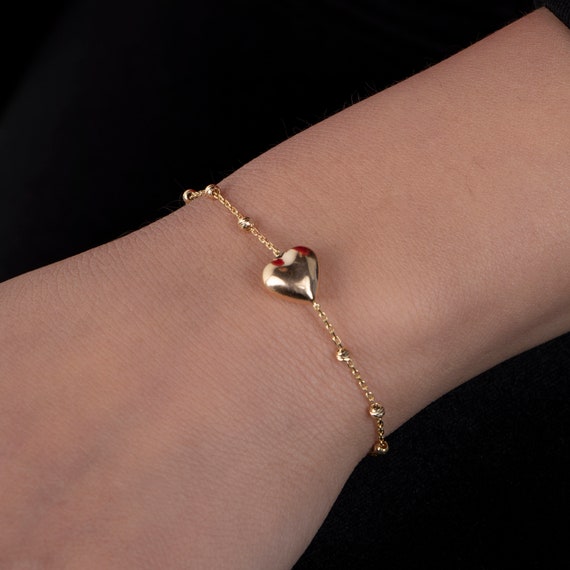 Gold Heart Bracelet, Tiny Heart Bracelet, Love Bracelet, Dainty Gold Bracelet, Puffed Heart Bracelet