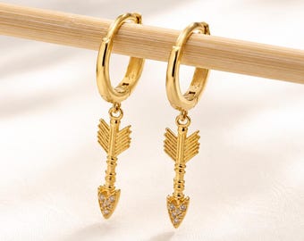 14K Solid Gold Arrow Hoop Earrings, Gold Huggie Earrings, Minimalist Gold Jewelry, Dainty Everyday Earrings, Celestial Arrow Charm