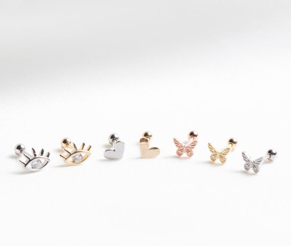 Miniature Gold Piercing Earrings: Heart, Butterfly, Evil Eye & Tragus Jewelry for Cartilage , Conch